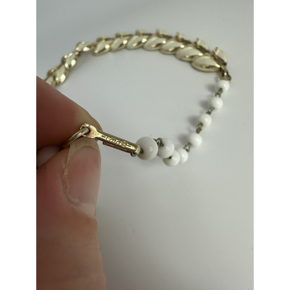 Signed CORO Gold Tone Cream Enamel Beaded Adjustable Necklace MCM - Picture 6 of 6